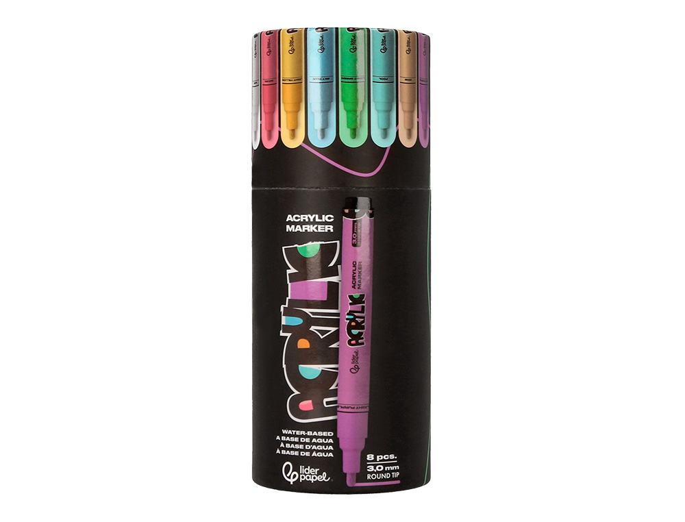 MARCADOR LIDERPAPEL ACRYLIC BASE AGUA TODO TIPO DE SUPERFICIE PONTA REDONDA 3 MM CAIXA DE 8 UNIDADES CORES