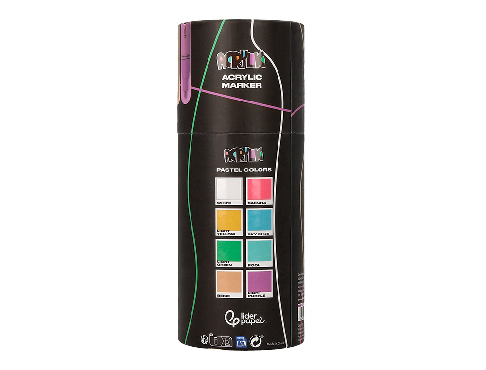 MARCADOR LIDERPAPEL ACRYLIC BASE AGUA TODO TIPO DE SUPERFICIE PONTA REDONDA 3 MM CAIXA DE 8 UNIDADES CORES