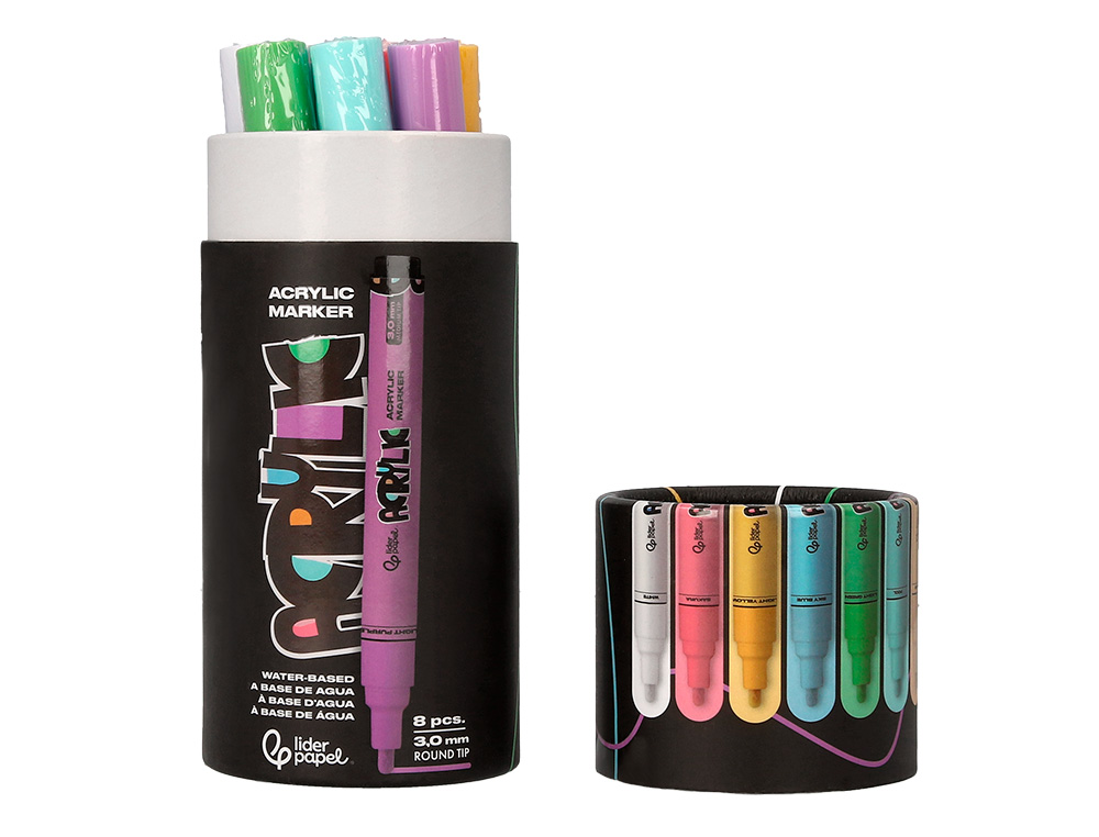 MARCADOR LIDERPAPEL ACRYLIC BASE AGUA TODO TIPO DE SUPERFICIE PONTA REDONDA 3 MM CAIXA DE 8 UNIDADES CORES