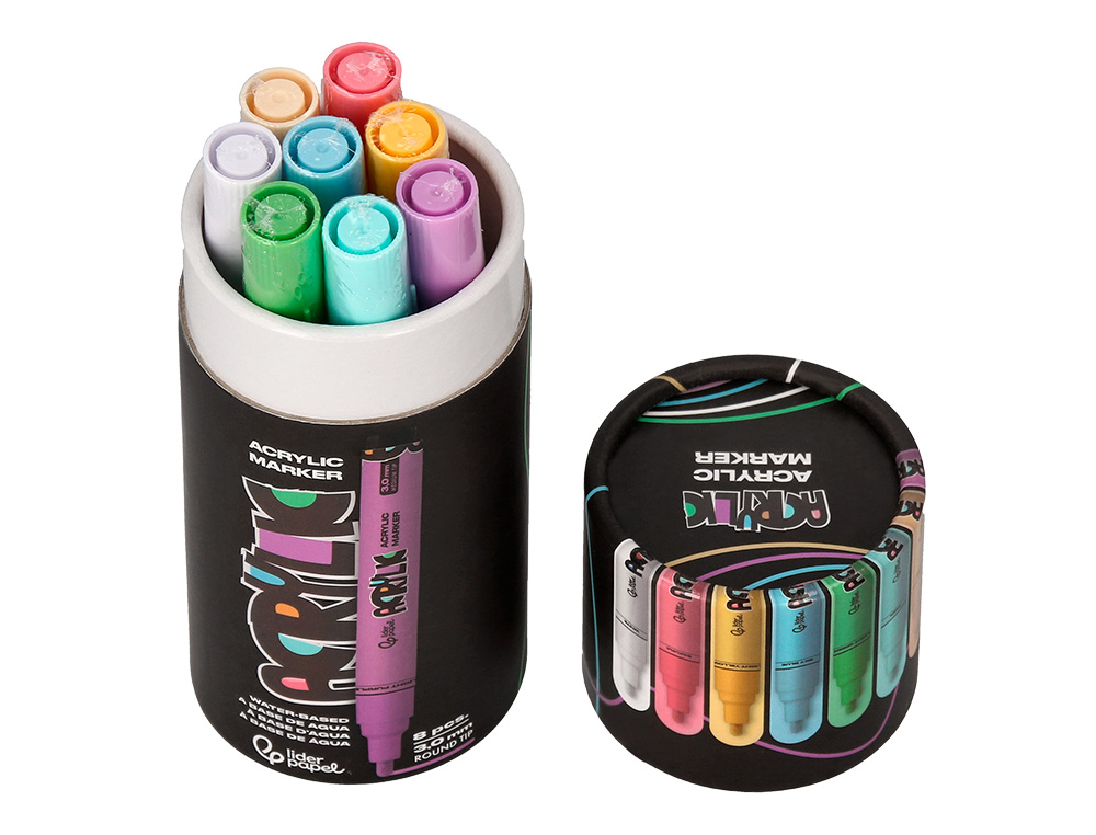 MARCADOR LIDERPAPEL ACRYLIC BASE AGUA TODO TIPO DE SUPERFICIE PONTA REDONDA 3 MM CAIXA DE 8 UNIDADES CORES