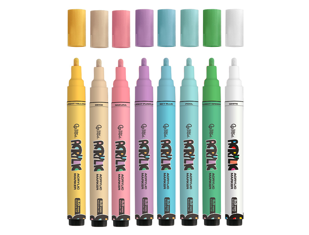 MARCADOR LIDERPAPEL ACRYLIC BASE AGUA TODO TIPO DE SUPERFICIE PONTA REDONDA 3 MM CAIXA DE 8 UNIDADES CORES