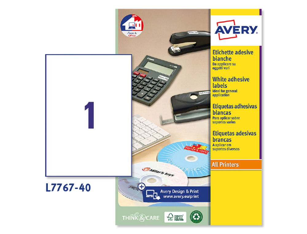 ETIQUETA ADESIVA AVERY BRANCA BRILHANTE LASER 210X297 MM CAIXA DE 40 UNIDADES
