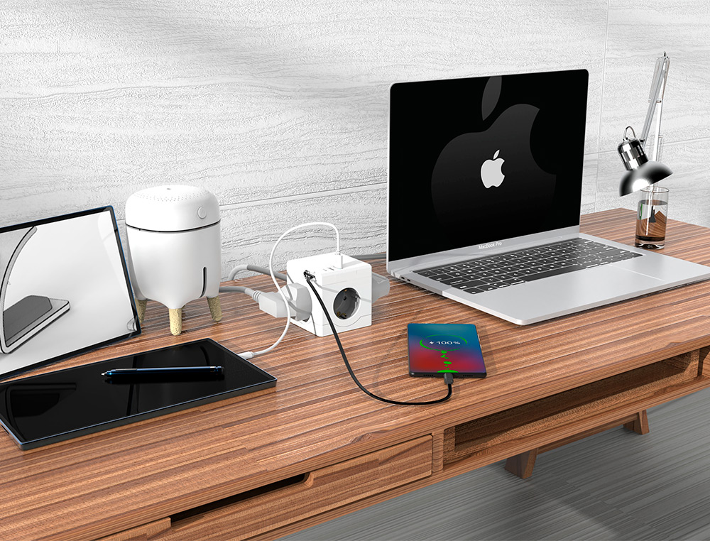 EXTENSAO Q-CONNECT EM CUBO MULTIPLE POWER CUBE 6 EM 1 DIRETO PAREDE 3 TOMADAS DE CORRENTE+2 USB+1 USB C 75X75X112MM