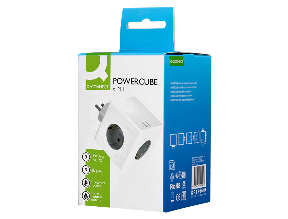 EXTENSAO Q-CONNECT EM CUBO MULTIPLE POWER CUBE 6 EM 1 DIRETO PAREDE 3 TOMADAS DE CORRENTE+2 USB+1 USB C 75X75X112MM