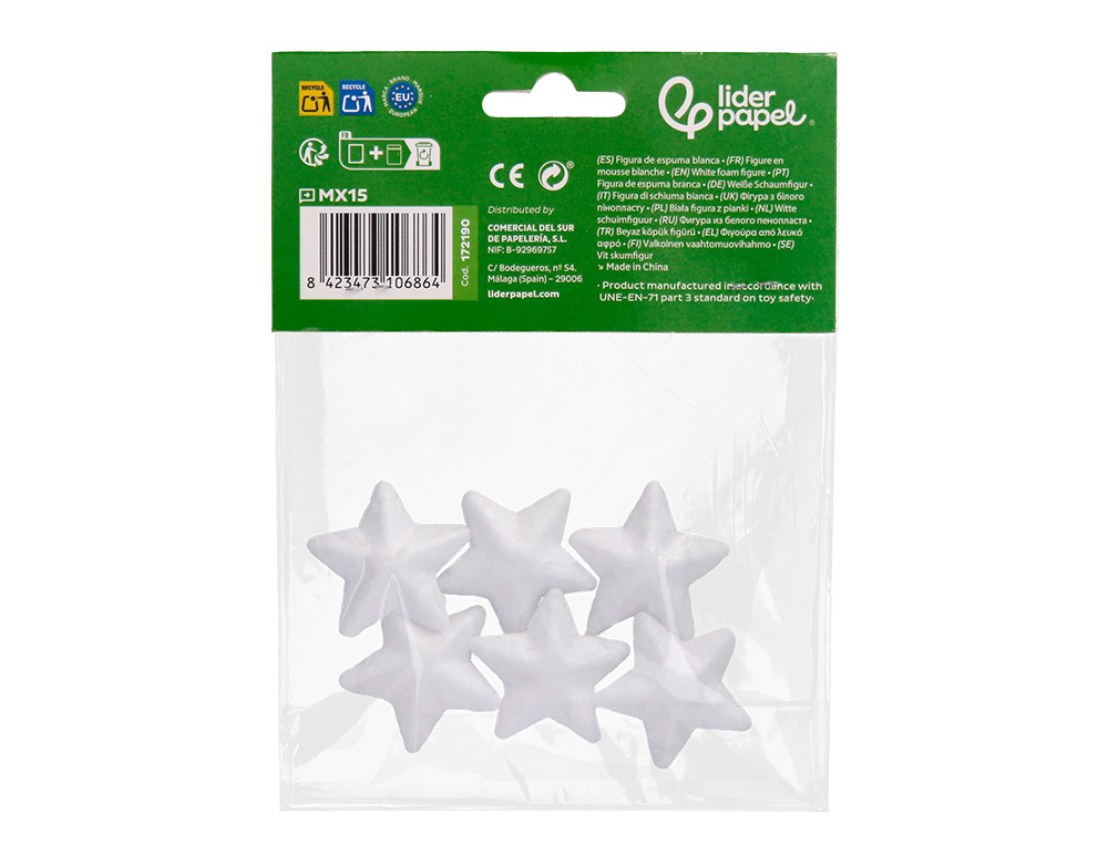 FIGURA DE ESPUMA BRANCA LIDERPAPEL ESTRELA DE 4 CM BOLSA COM 6 UNIDADES