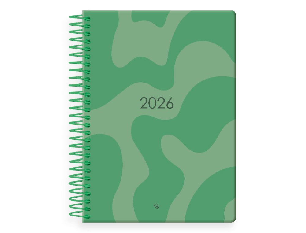 AGENDA ESPIRAL LIDERPAPEL SYROS 15X21 2026 DIA PAGINA VERDE MILITAR PAPEL 60 GR FSC