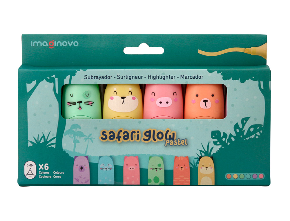 MARCADOR FLUORESCENTE IMAGINOVO SAFARI GLOW PASTEL ANIMAIS CAIXA 6 UNIDADES SORTIDAS