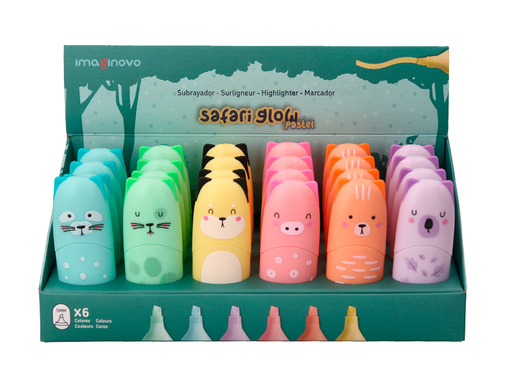 MARCADOR FLUORESCENTE IMAGINOVO SAFARI GLOW PASTEL ANIMAIS EXPOSITOR DE 24 UNIDADES SORTIDAS