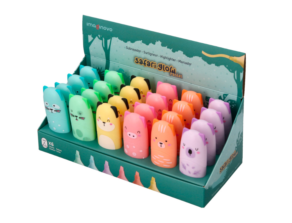 MARCADOR FLUORESCENTE IMAGINOVO SAFARI GLOW PASTEL ANIMAIS EXPOSITOR DE 24 UNIDADES SORTIDAS