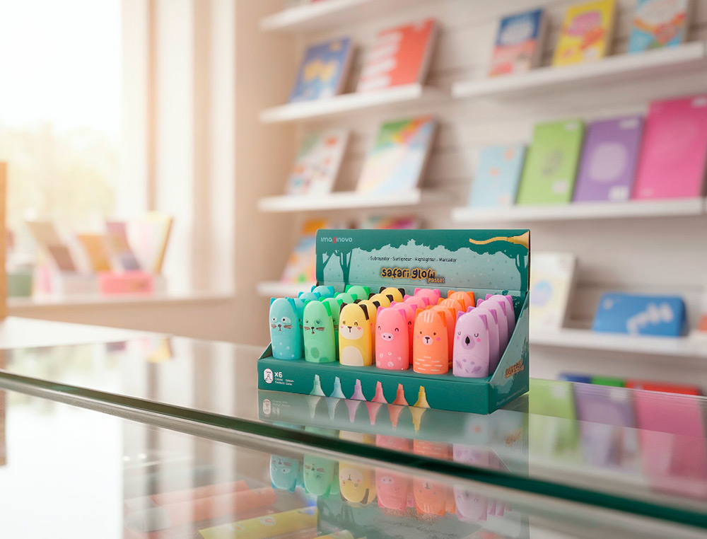 MARCADOR FLUORESCENTE IMAGINOVO SAFARI GLOW PASTEL ANIMAIS EXPOSITOR DE 24 UNIDADES SORTIDAS