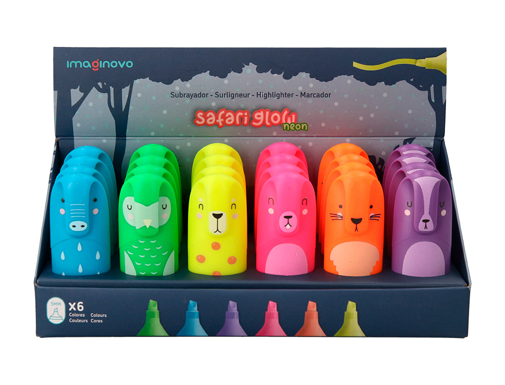 MARCADOR FLUORESCENTE IMAGINOVO SAFARI GLOW NEON ANIMAIS E CLIP EXPOSITOR DE 24 UNIDADES SORTIDAS