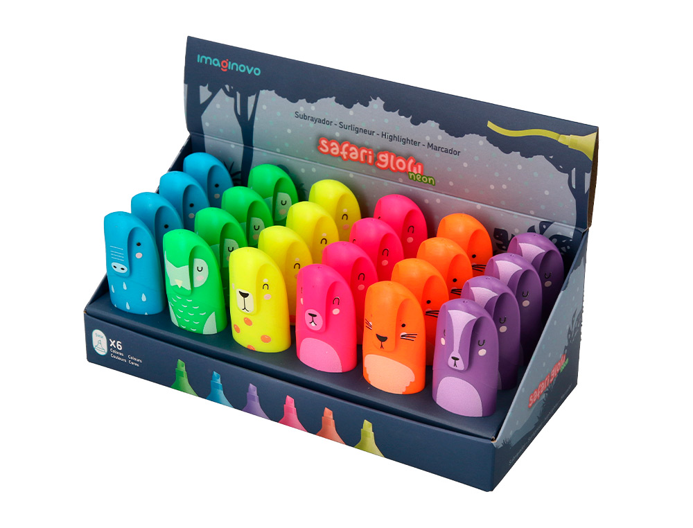 MARCADOR FLUORESCENTE IMAGINOVO SAFARI GLOW NEON ANIMAIS E CLIP EXPOSITOR DE 24 UNIDADES SORTIDAS