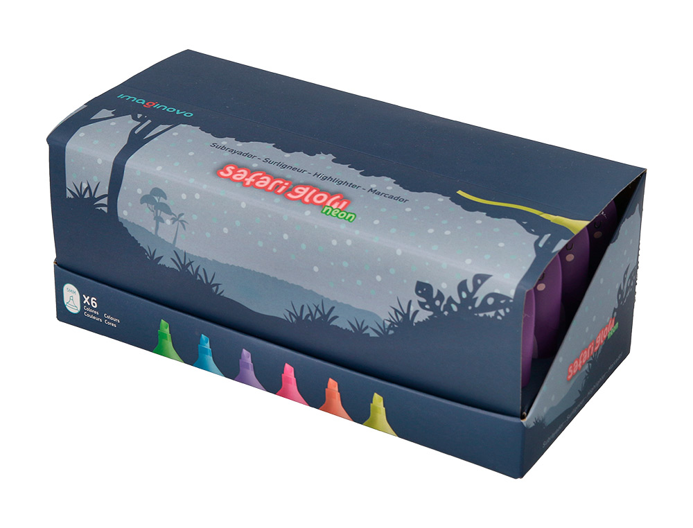 MARCADOR FLUORESCENTE IMAGINOVO SAFARI GLOW NEON ANIMAIS E CLIP EXPOSITOR DE 24 UNIDADES SORTIDAS