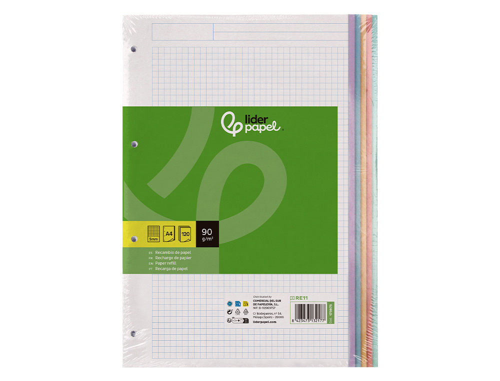RECARGA LIDERPAPEL A4 120 FOLHAS 90 GR QUADRICULA 5 MM 4 FUROS BANDAS DE 5 CORES PASTEL
