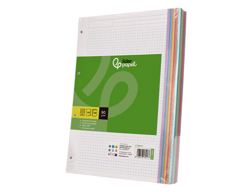 RECARGA LIDERPAPEL A4 120 FOLHAS 90 GR QUADRICULA 5 MM 4 FUROS BANDAS DE 5 CORES PASTEL