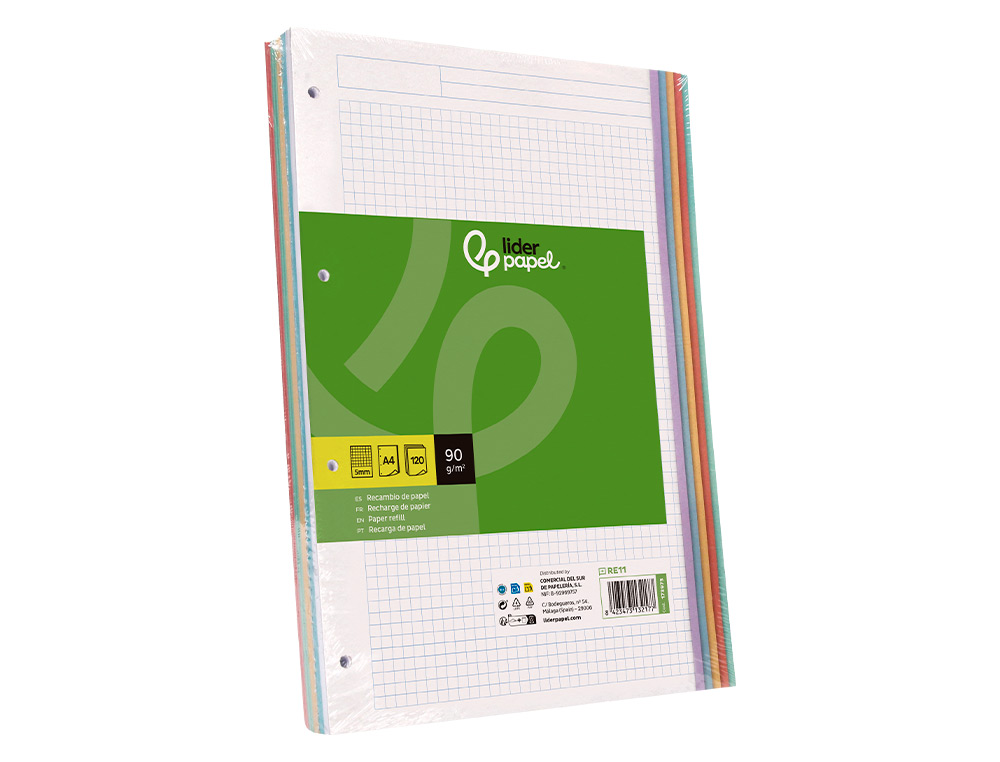 RECARGA LIDERPAPEL A4 120 FOLHAS 90 GR QUADRICULA 5 MM 4 FUROS BANDAS DE 5 CORES PASTEL