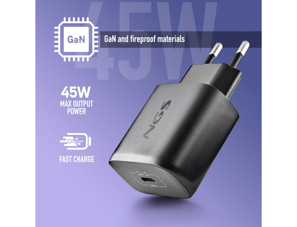 CARREGADOR GAN NGS DE PAREDE ULTRA RAPIDO PARA PORTATIL DE 45W COM SAIDA TIPO USB-C E CABO USB-C A USB-C COMPRIMENTO 1,5