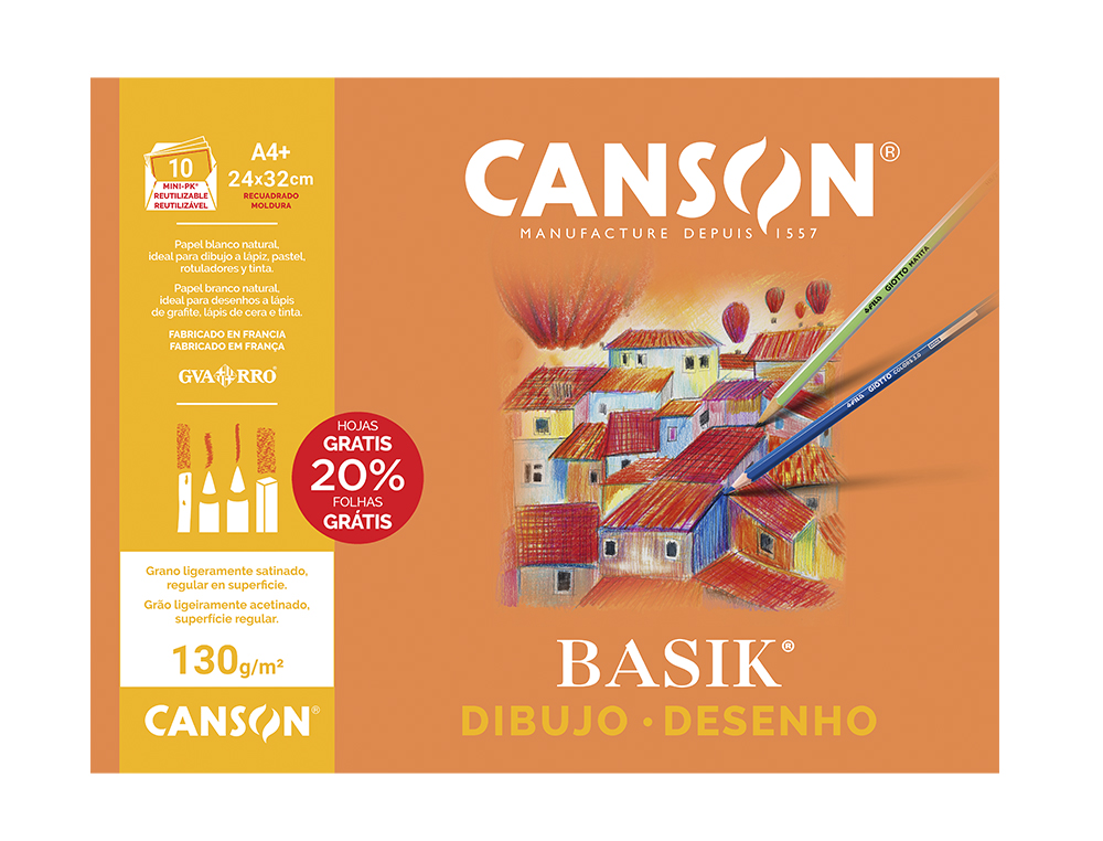PAPEL DE DESENHO BASIK 210X297 130 GR COM ESQUADRIA EM MINIPACK DE 10 FOLHAS