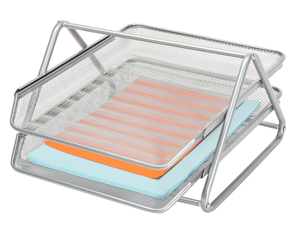 CONJUNTO 2 TABULEIROS DE SECRETARIA Q-CONNECT EM REDE METALICA, COR CINZA 300X185X350MM