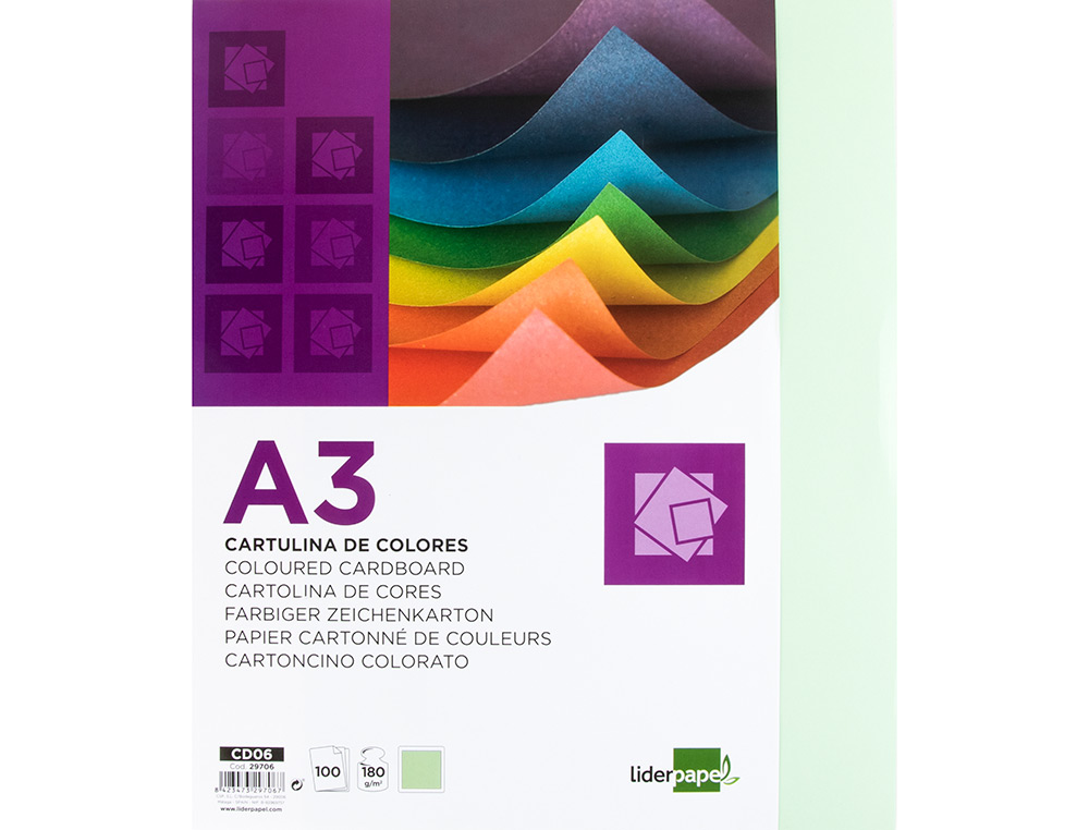 CARTOLINA LIDERPAPEL DIN A3 180 GR VERDE PACK DE 100 UNIDADES