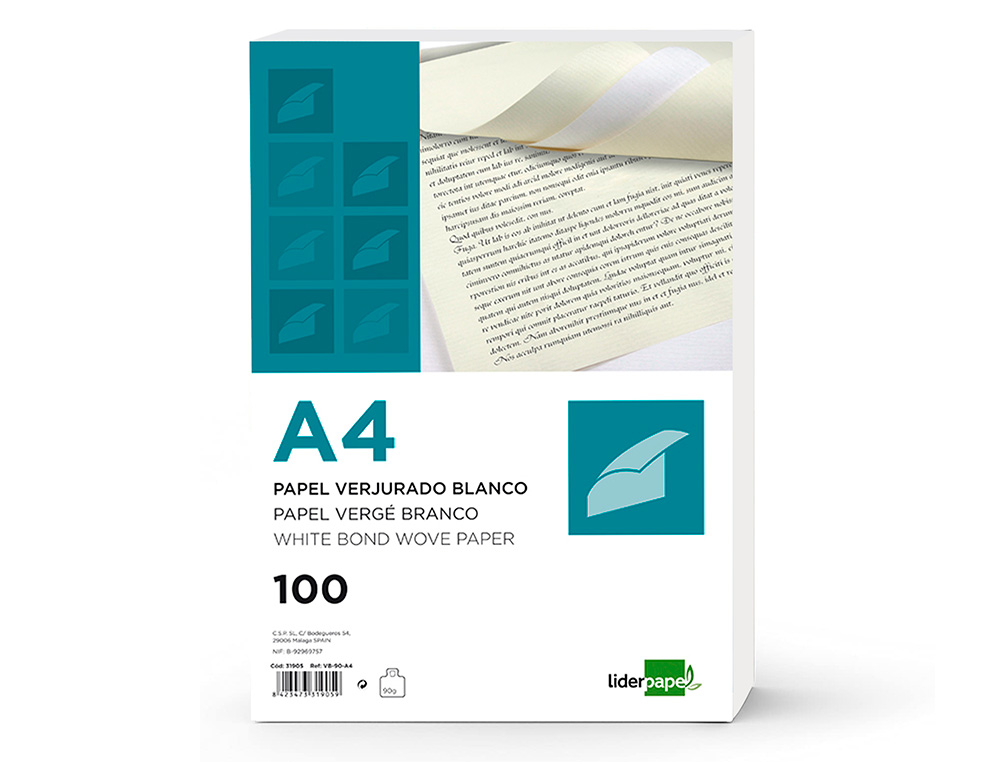 PAPEL VERGE LIDERPAPEL DIN A4 120 GR BRANCO EMBALAGEM DE 100 FOLHAS