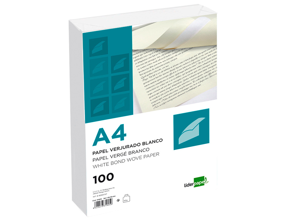 PAPEL VERGE LIDERPAPEL DIN A4 120 GR BRANCO EMBALAGEM DE 100 FOLHAS