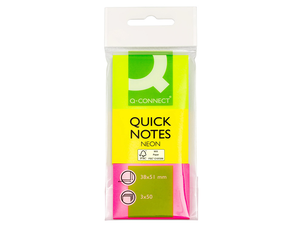 BLOCO DE NOTAS ADESIVAS Q-CONNECT FLUORESCENTE 38 X 51 MM PACK DE 3 UDS COM 50 FOLHAS POR COR