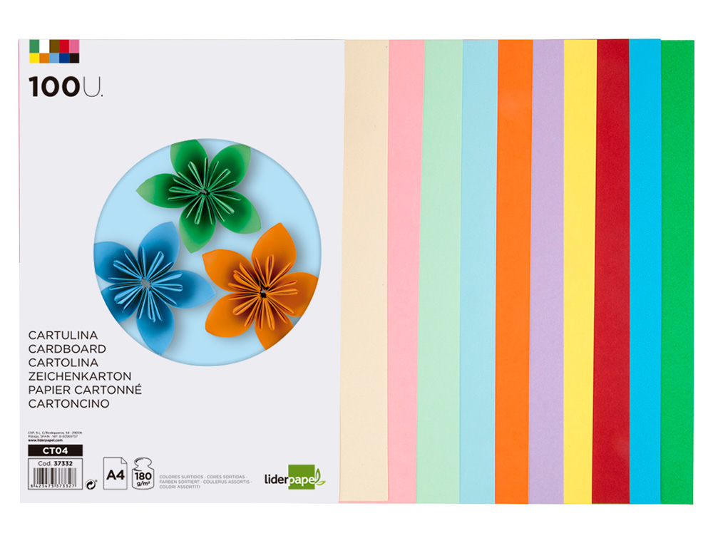 CARTOLINA LIDERPAPEL DIN A4 180 GR 10 CORES SORTIDAS PACK DE 100 UNIDADES