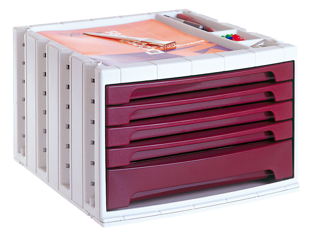 BLOCO CLASSIFICADOR DE SECRETARIA LIDERPAPEL 5 GAVETAS BORDEAUX OPACO 370X305X215 MM ESPACO ORGANIZACAO SUPERIOR