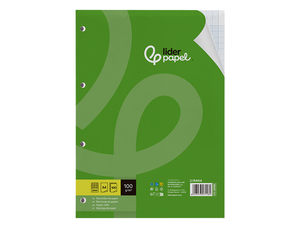 RECARGA LIDERPAPEL DIN A4 100 FOLHAS 100G/M2 QUADRICULA 2MM COM MARGEM 4 FUROS