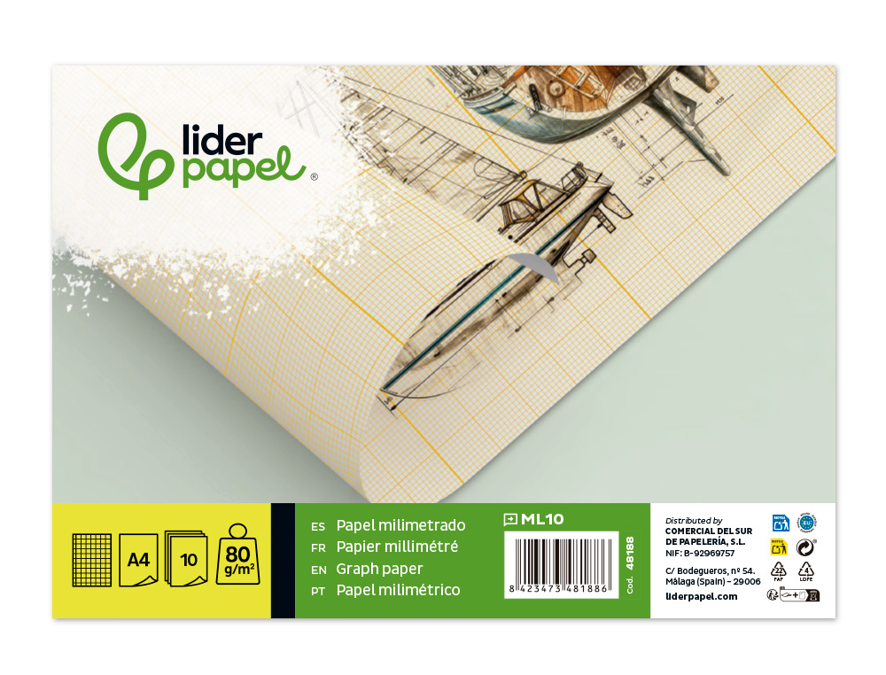 PAPEL MILIMETRICO LIDERPAPEL DIN A4 80 GR EMBALAGEM DE 10 FOLHAS