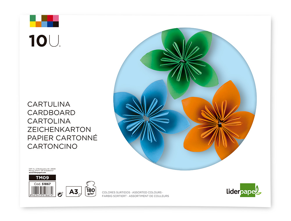BLOCO TRABALHOS MANUAIS LIDERPAPEL CARTOLINA DIN A3 10 FOLHAS 180 GR CORES SORTIDAS