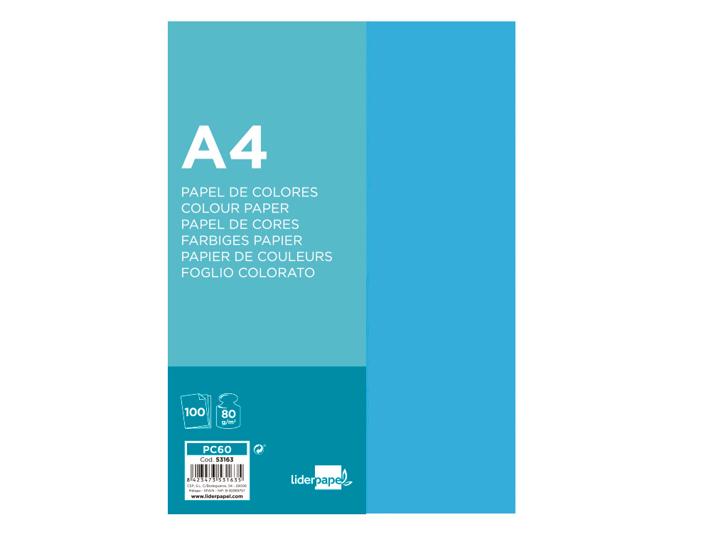 PAPEL DE COR LIDERPAPEL DIN A4 80 GR TURQUESA EMBALAGEM DE 100 FOLHAS