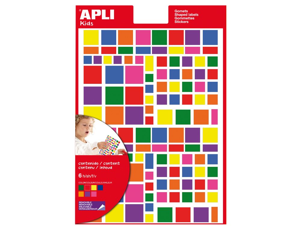 ETIQUETAS APLI AUTOADESIVAS QUADRADO MULTICOLOR BLISTER DE 6 FOLHAS