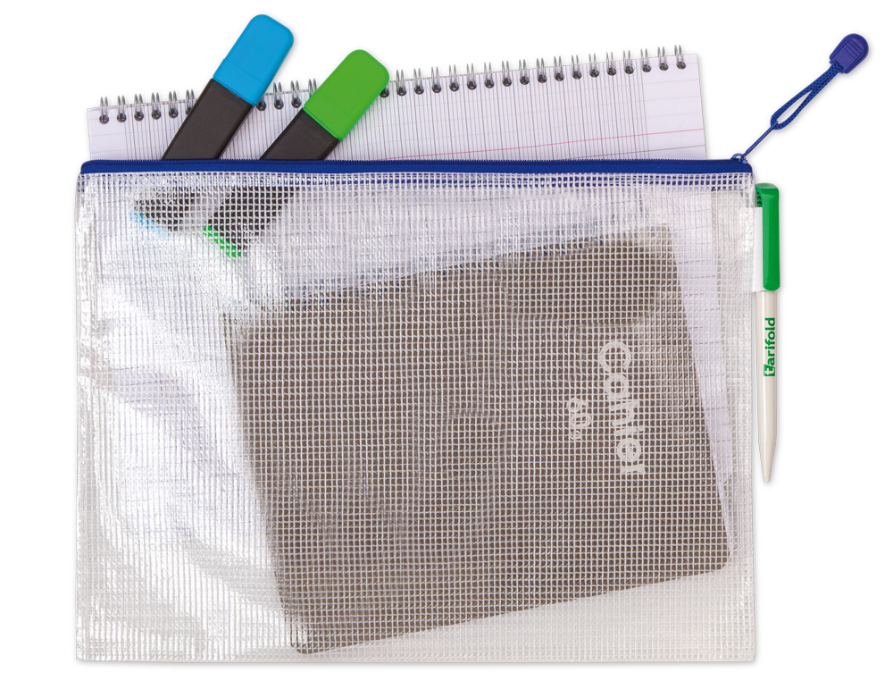 BOLSA MULTIUSOS TARIFOLD PVC DIN A4 ABERTURA SUPERIOR COM FECHO PORTA ESFEROGRAFICA E CORREIA AZUL