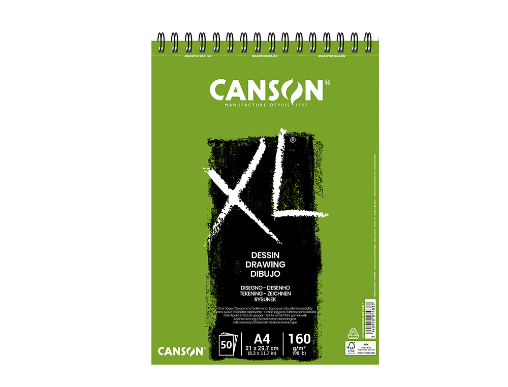 BLOCO DE DESENHO CANSON XL DESSIN DIN A4 LISO MICROPERFURADO ESPIRAL 21X29,7 CM 50 FOLHAS 160 GR