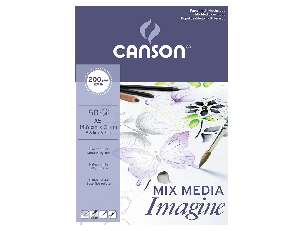 BLOCO DE DESENHO MULTITECNICAS CANSON IMAGINE DIN A5 COLADO LISO 14,8X21 CM 50 FOLHAS 200 GR