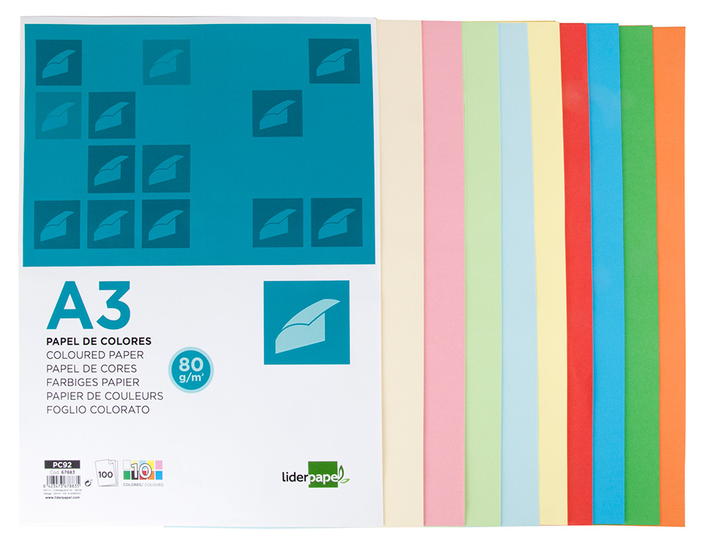 PAPEL DE COR LIDERPAPEL DIN A3 80 GR 10 CORES SORTIDAS EMBALAGEM DE 100 FOLHAS