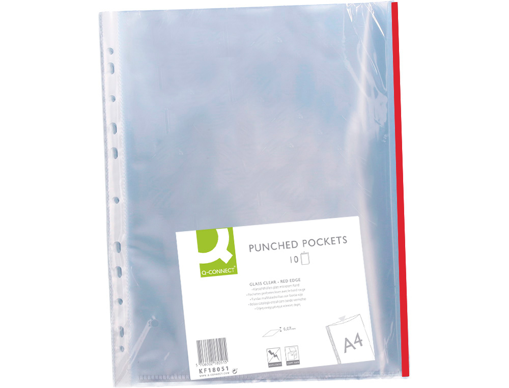 BOLSA CATALOGO/MICA Q-CONNECT DIN A4 70 MICRONS PP CRISTAL COM BORDA VERMELHA BOLSA DE 10 UNIDADES
