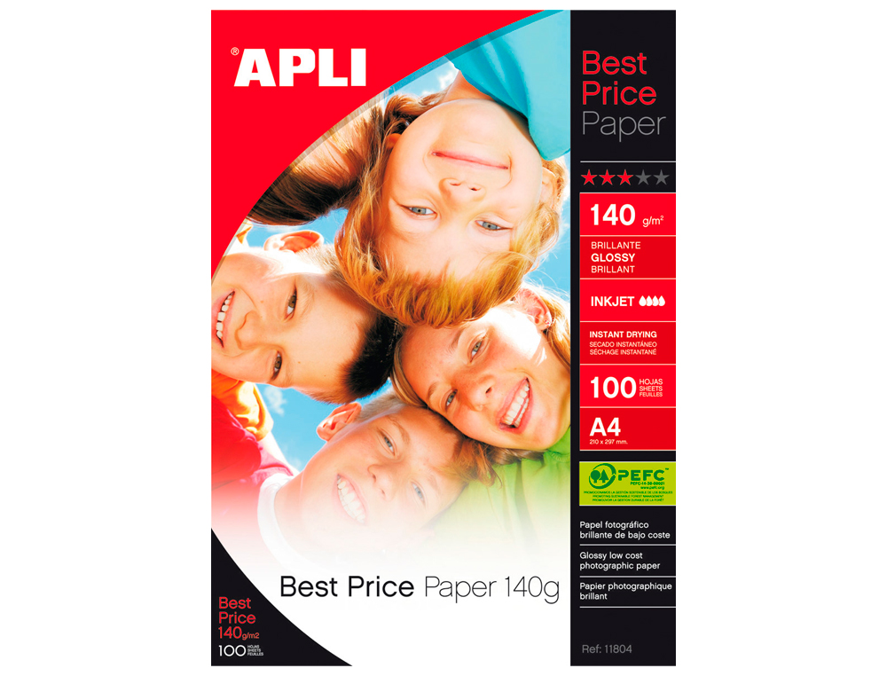 PAPEL FOTOGRAFICO APLI GLOSSY DIN A4 140 GR EMBALAGEM DE 100 FOLHAS