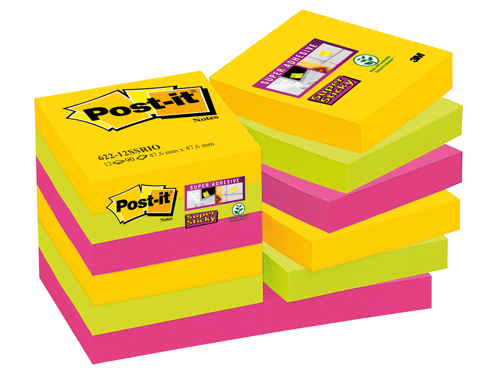 BLOCO DE NOTAS ADESIVAS POST-IT SUPER STICKY 47,6X47,6 MM COM 90 FOLHAS PACK DE 12 BLOCO CORES SORTIDAS