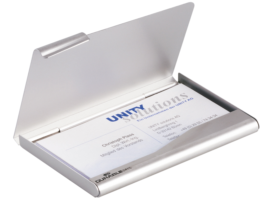 PORTA CARTOES DURABLE ALUMINIO CAPACIDADE 20 CARTOES DE VISITAS 55X90 MM COR PRATA 100X65 MM