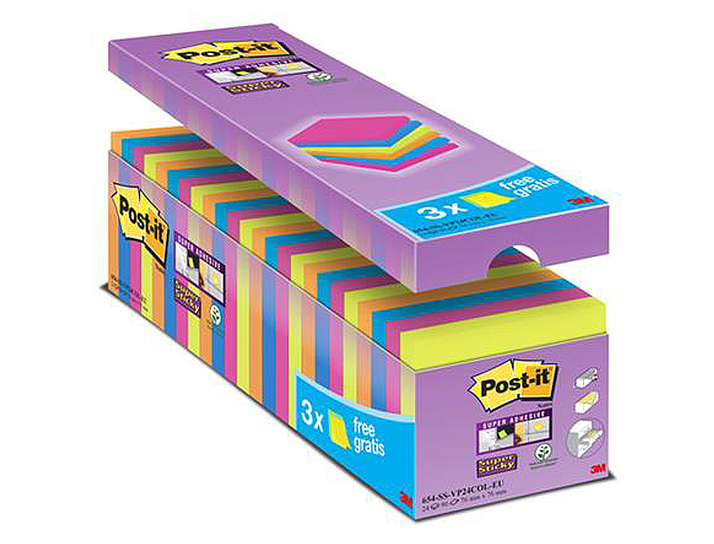 BLOCO DE NOTAS ADESIVA POST-IT SUPER STICKY 76X76 MM 90 FOLHAS CORES SORTIDAS PACK DE 21 + 3