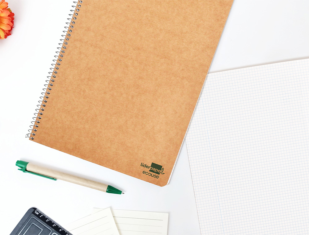 BLOC ESPIRAL LIDERPAPEL FOLIO ECOUSE TAPA CARTULINA KRAFT 80 HOJAS PAPEL RECICLADO 60 GR CUADRO 4 MM. CON MARGEN