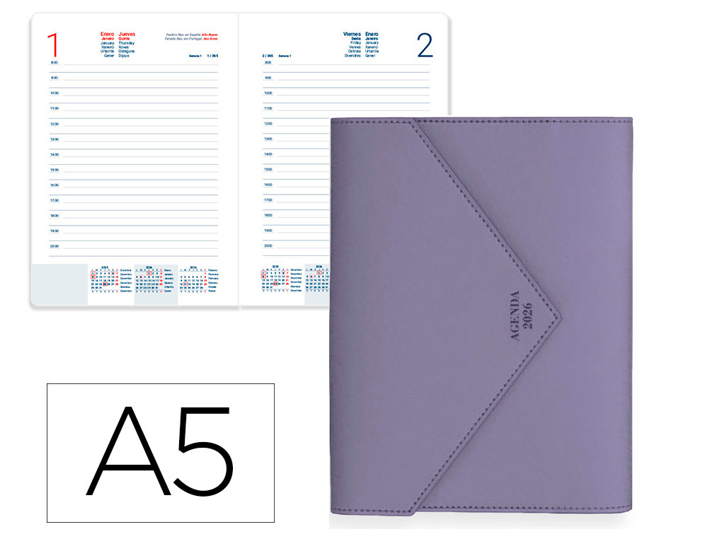 AGENDA ENCADERNADA LIDERPAPEL PSARA A5 2026 DIA PAGINA ROXO PAPEL 70 GR FSC