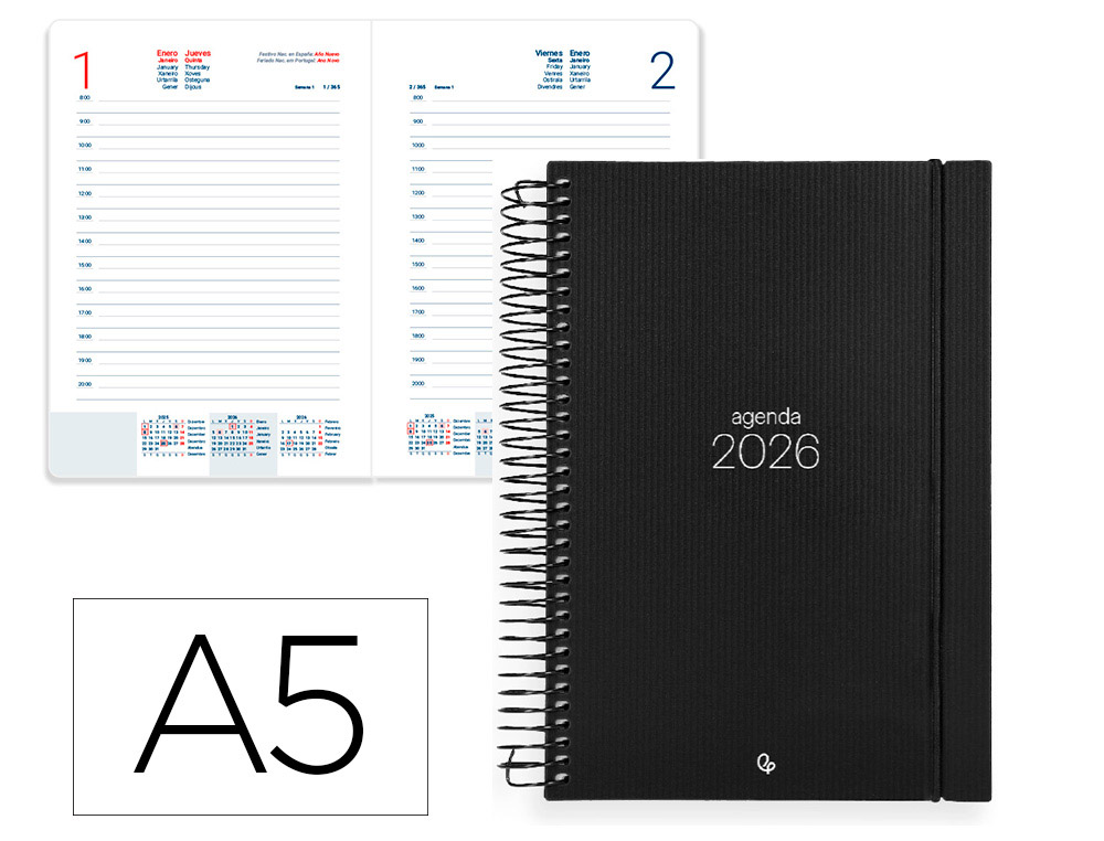 AGENDA ESPIRAL LIDERPAPEL OLBIA A5 2026 DIA PAGINA PRETO PAPEL 60 GR FSC