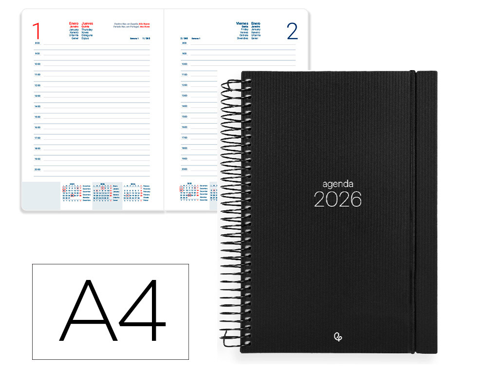 AGENDA ESPIRAL LIDERPAPEL OLBIA A4 2026 DIA PAGINA PRETO PAPEL 60 GR FSC