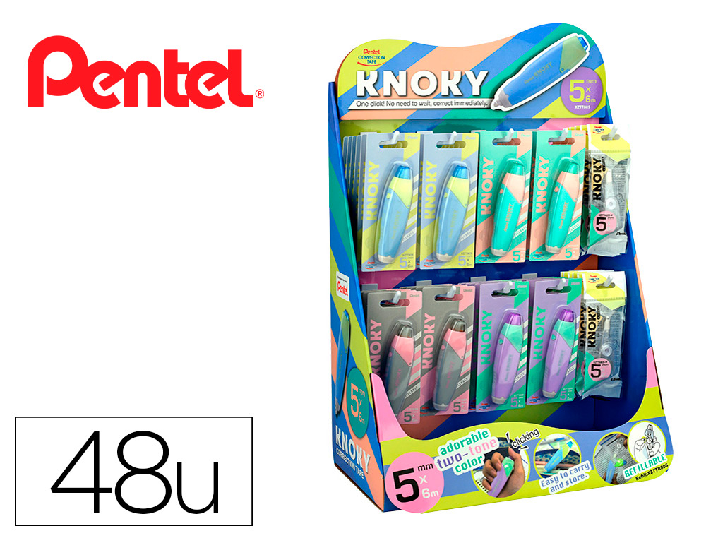 CORRETOR DE FITA PENTEL KNOKY 5MMX6M COM 60 UNIDADES EM CORES PASTEL SORTIDAS E RECARGAS